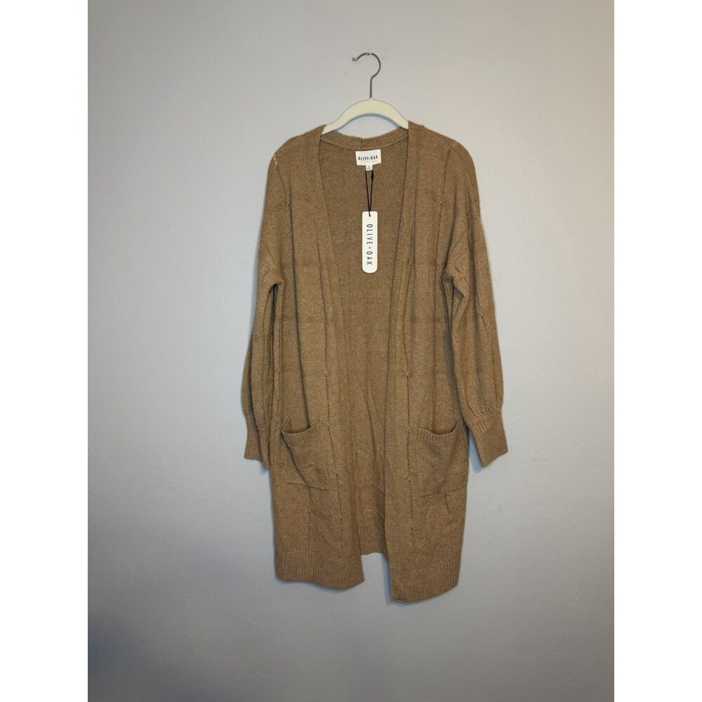 New Olive + Oak Soft Cozy Long Sweater Duster Cardigan Size Medium Pockets Beige - Picture 2 of 8